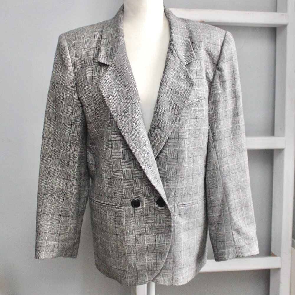 E.H. Woods Vintage 80's Women's Black White Glen Plaid Wool Blend Blazer Size 10